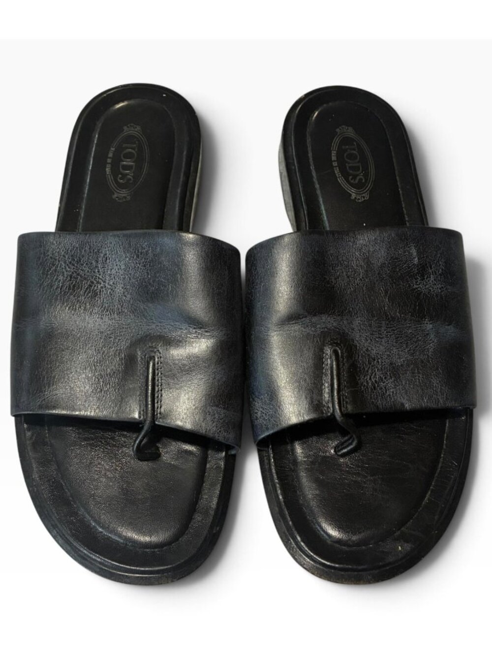 TOD'S Black Leather Gommini Sole Made In Italy Thong Slide Sandals Size 9
